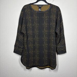 Ali Miles XS Knit Tunic Top Black Gold Plaid Windowpane Crew Neck Side Slits